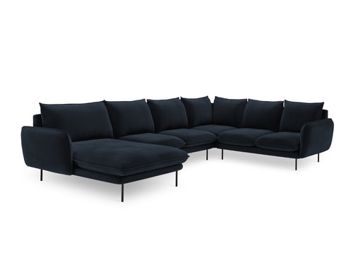 Cosmopolitan Design Panoramische hoekbank rechts Vienna 7-zits, flueel, donkerblauw - 235x330x95cm
