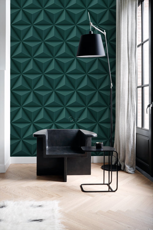 Origin Wallcoverings eco-texture vliesbehang grafisch 3D motief petrolblauw - 0,53 x 10,05 m - 347817 - vtwonen shop