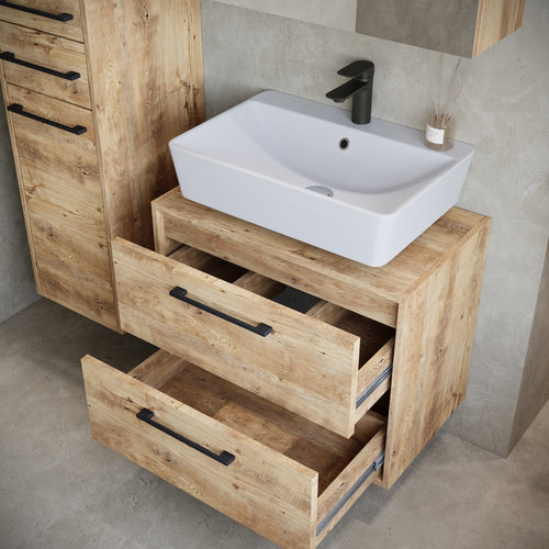 Badplaats Wastafelkast Set Florence 60 x 35 cm – Kastanje Eiken – Badmeubel met Spiegelkast en Kolomkast