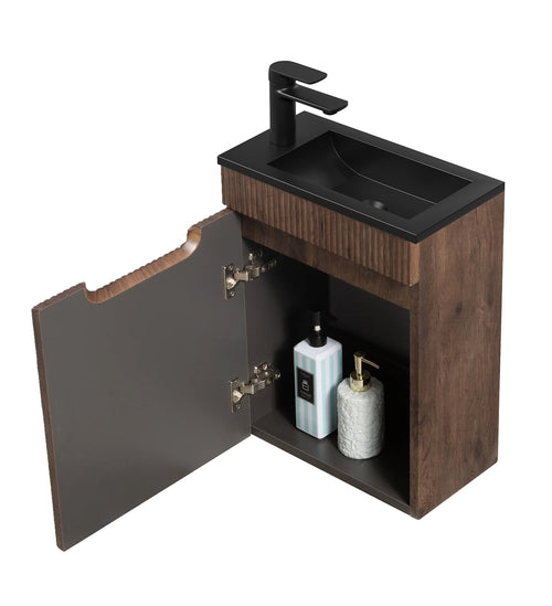 Badplaats Toiletmeubel Thermis 40 x 22 cm – Walnoot Bruin – Fonteinmeubel met Zwarte Wastafel