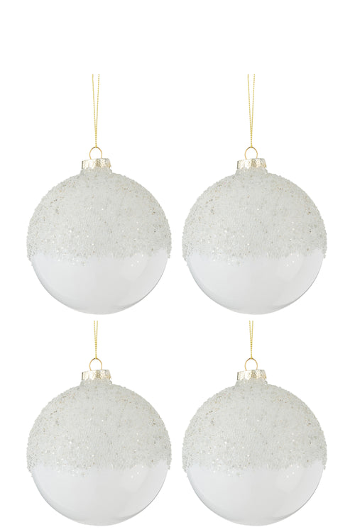 J-Line kerstbal Suiker Boven - glas - transparant/wit - medium - doos van 4