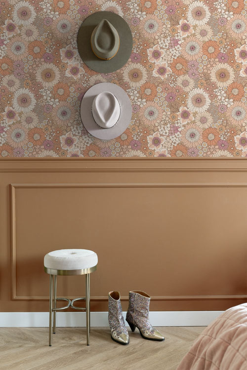 ESTAhome behang retro bloemen terracotta, paars en wit - 53 cm x 10.05 m - 131314
