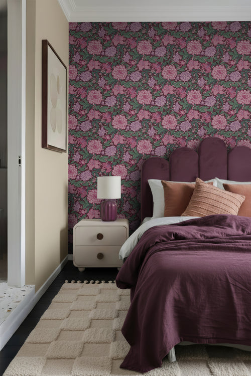 ESTAhome behang vintage bloemen fuchsia roze, paars en groen - 50 x 900 cm - 131128
