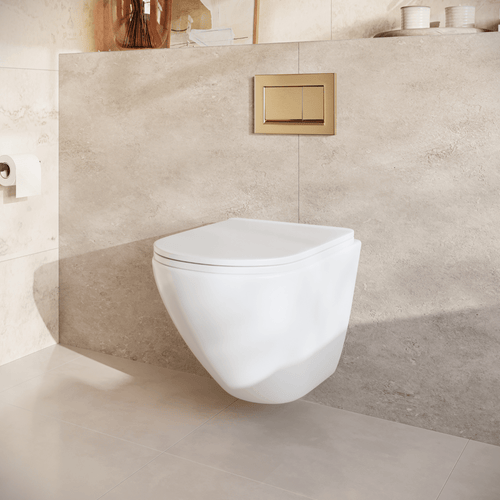 LOMAZOO hangtoiletset Linea - met inbouwreservoir & vierkante drukplaat - rond - goud / wit