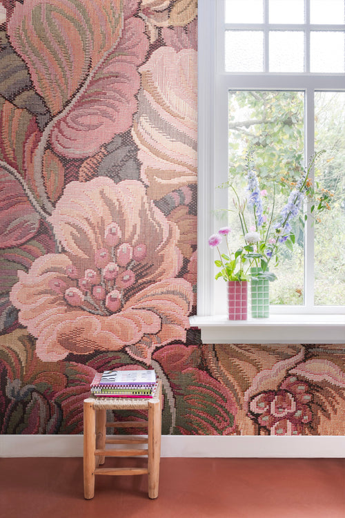 ESTAhome fotobehang geborduurd bloemmotief roze - 250 x 279 cm - 159469 - vtwonen shop