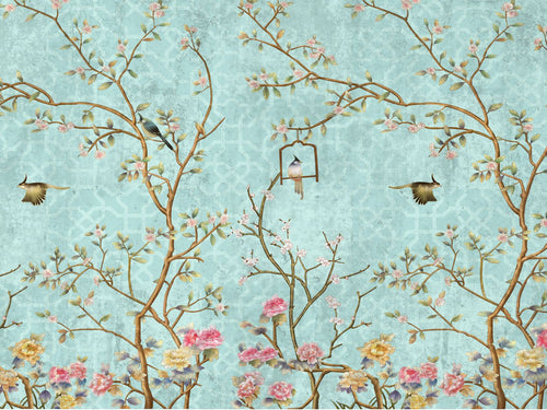 Sanders & Sanders fotobehang bloemen en vogels blauw, roze en geel - 3,6 x 2,7 m - 601000 - vtwonen shop