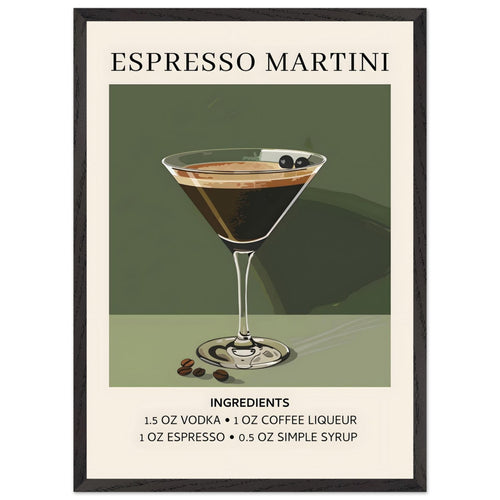 Artfulprints Poster met Lijst Espresso Martini cocktail - Ingrediënten   - 50x70 cm - Donkergroen