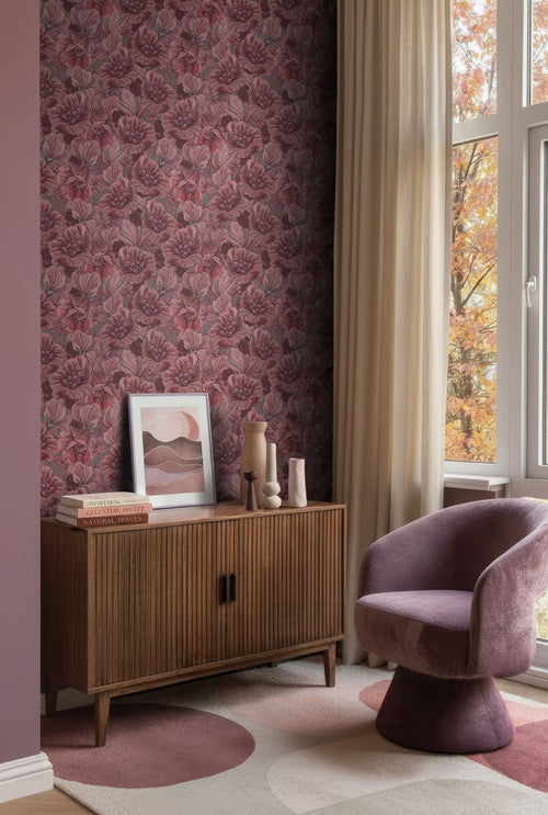 ESTAhome behang geborduurd bloemmotief mauve paars - 50 x 900 cm - 131871