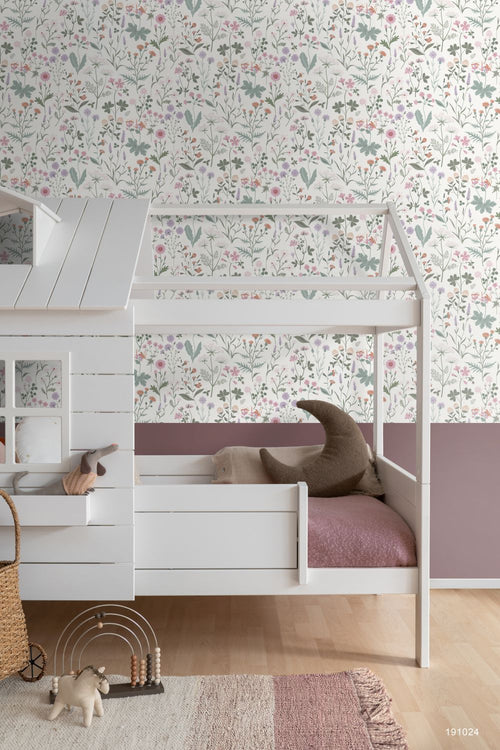 ESTAhome behang veldbloemen lila paars, roze en groen - 53 cm x 10.05 m - 139482
