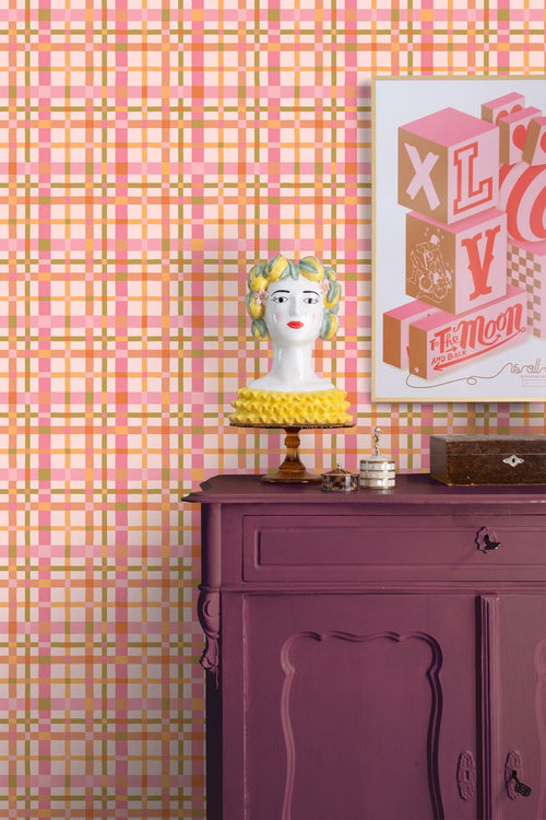 ESTAhome behang ruitjes roze, groen en terracotta - 50 x 900 cm - 132052