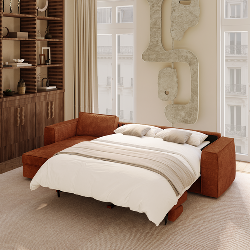 Premium Interiors - Hoekbank (links) MIKA - zacht aanvoelende geweven stof terracotta 292cm