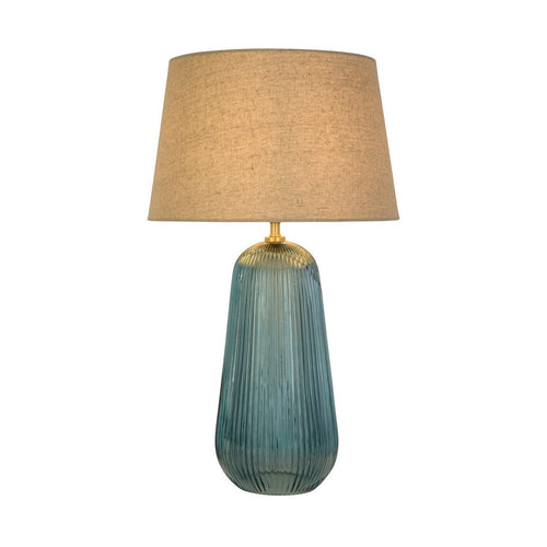 Searchlight Cameo 1-lichts tafellamp, blauw glas met natuurlijke linnen kap