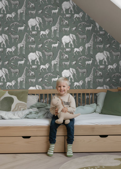 ESTAhome behang jungle dieren vergrijsd groen - 53 cm x 10.05 m - 139513