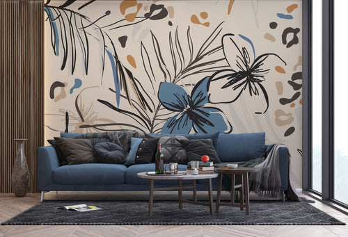 Sanders & Sanders fotobehang bloemmotief beige, blauw en oranje - 270 x 375 cm - 601173