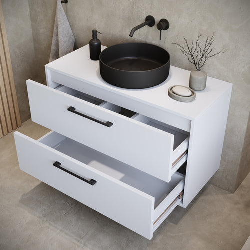 Badplaats Wastafelkast Florence 80 x 46 cm – Hoogglans Wit – Hangend Badmeubel met 2 Lades en Zwarte Handgrepen