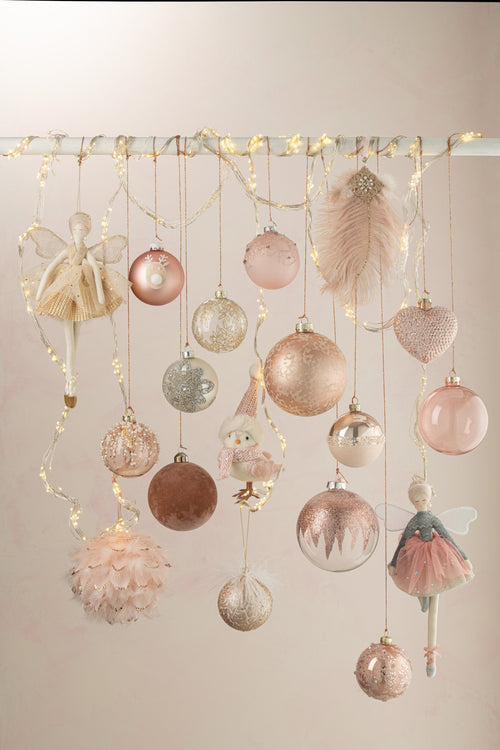 J-Line kerstbal Suiker/Zilver Glitter - glas - mat/blinkend - lichtroze - small - doos van 6
