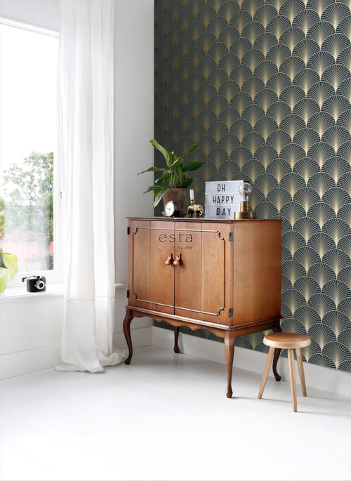 ESTAhome behang art deco motief donkerblauw en goud - 53 cm x 10.05 m - 139231