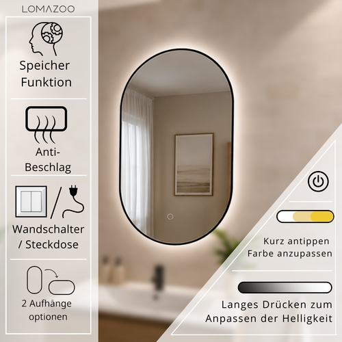 LOMAZOO badkamerspiegel Tanger - draaibaar - met LED verlichting & spiegelverwarming - ovaal - zwart - 100 x 50 cm