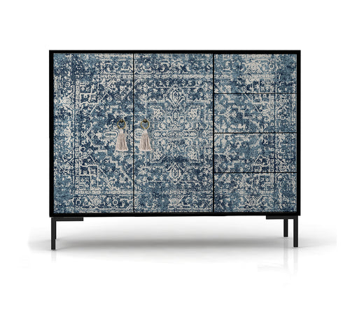 Laag dressoir met 2 deuren en 4 laden van MDF met Blauw vintage tapijt patroon - vtwonen shop