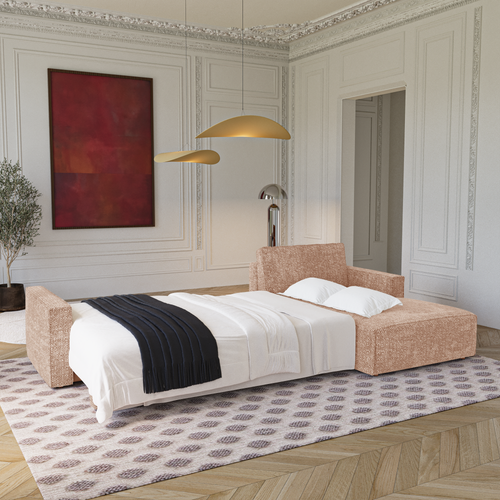 Premium Interiors - Rechthoekige hoekbank met slaapfunctie en opbergruimte  - stof met tweed-effect beige 297cm