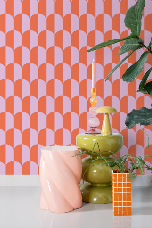 ESTAhome behang art deco bogen lila paars en oranje - 53 cm x 10.05 m - 139982