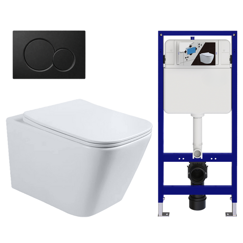 LOMAZOO hangtoiletset Linea - met inbouwreservoir & ronde drukplaat - vierkant - zwart / wit