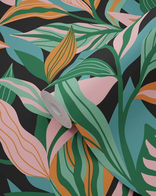 ESTAhome behang tropische bladeren turquoise, roze en oranje - 50 x 900 cm - 131046 - vtwonen shop