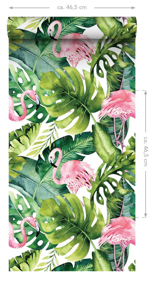 ESTAhome XXL behang tropische bladeren met flamingo's groen en roze - 50 x 900 cm - 158895 - vtwonen shop
