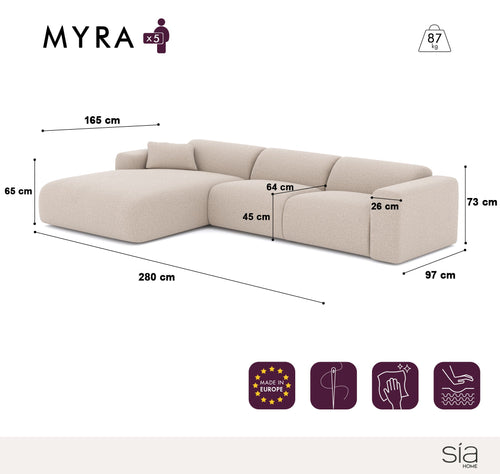 Sia Home - Hoekbank links MYRA - Fluweel met structuur - Grijs - 280cm - vtwonen shop