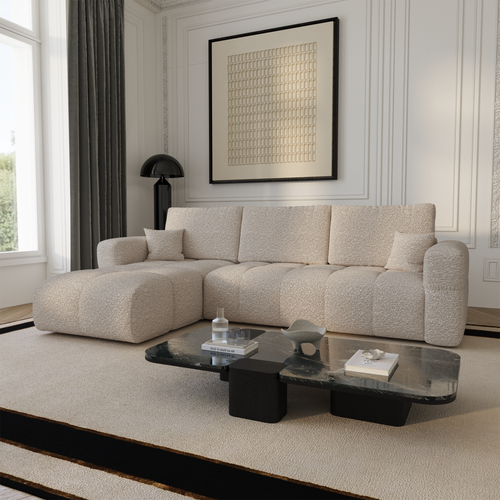 Premium Interiors - Linkshoekbank met slaapfunctie en opbergruimte VIBE - bouclé-stof beige 286cm