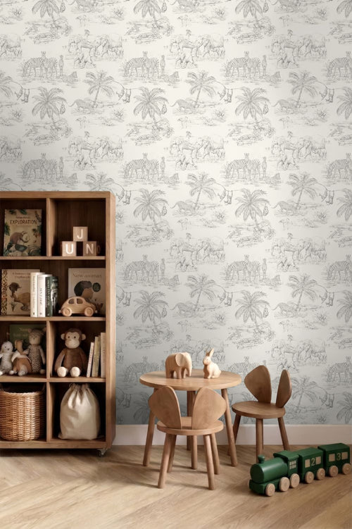 ESTAhome behang jungle dieren grijs en wit - 50 x 900 cm - 132117