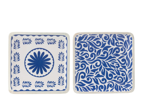 J-Line schaal Vierkant Bloemen - hout - blauw/wit - 2 stuks