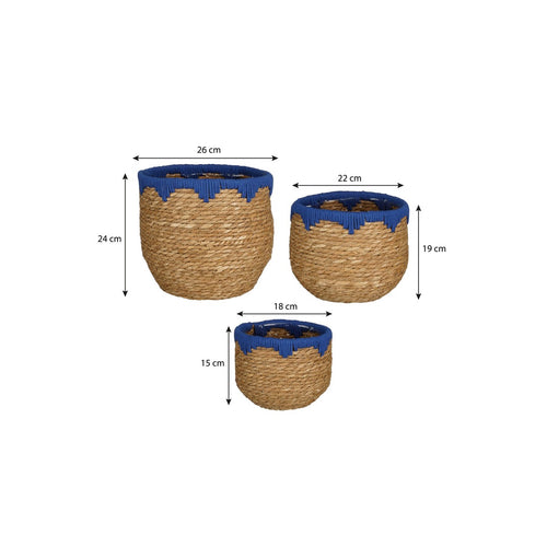 Mica Decorations  Jorck Plantenmand - Set van 3 - H24 x Ø26 cm - Zeegras - Blauw, Bruin