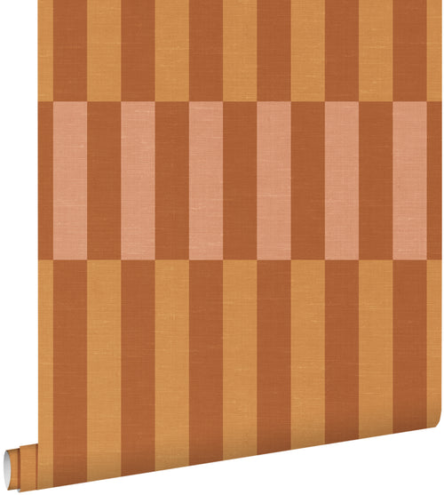 ESTAhome behang linnen-look strepen okergeel en terracotta - 50 x 900 cm - 132246