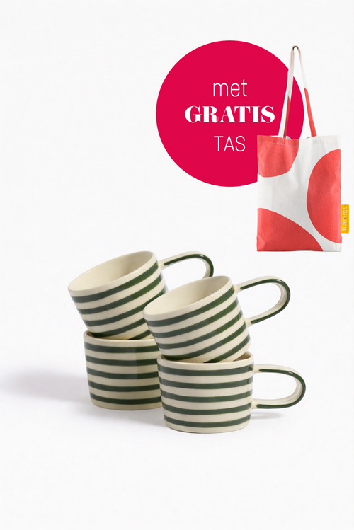 vtwonen - Mokken - Strepen - Groen - Keramiek - 350ml - Set van 4