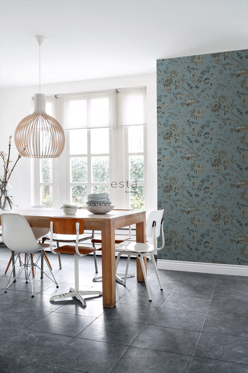 ESTAhome behang vintage bloemen vintage blauw - 50 x 900 cm - 139402