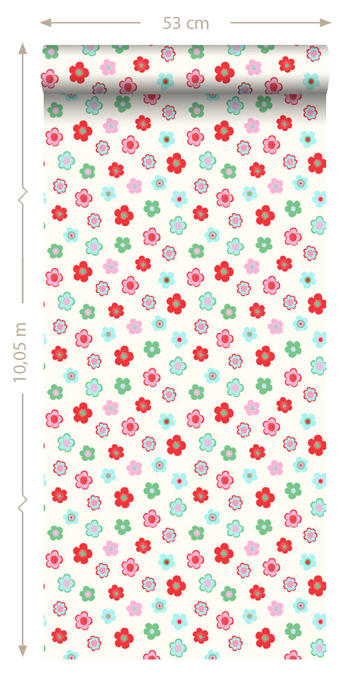 ESTAhome behang vintage bloemetjes lichtblauw, groen en rood - 53 cm x 10.05 m - 138726