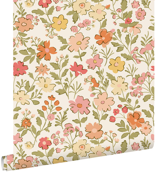 ESTAhome behang bloemetjes roze, groen, geel en oranje - 50 x 900 cm - 131326 - vtwonen shop
