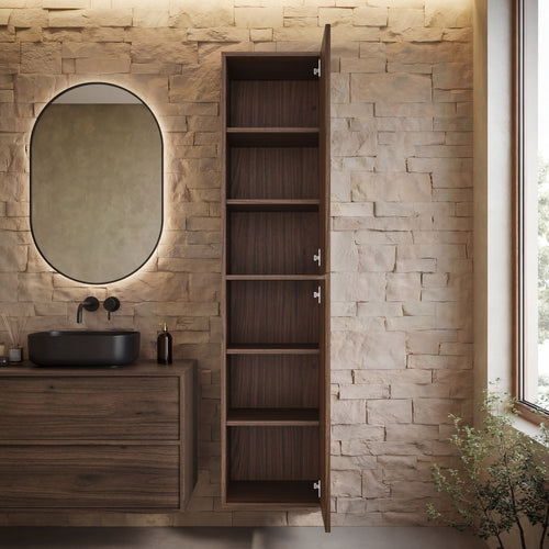 Badplaats Badkamerkast Mali 38 x 33 x 160 cm – Walnoot Bruin – Hangende Kolomkast met 2 Deuren