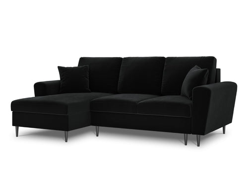 Cosmopolitan Design Uitklapbare hoekbank links met opbergdoos Kyoto 4-zits, flueel, zwart - 145x241x88cm