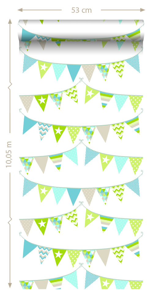 ESTAhome behang vlaggetjes turquoise, limegroen en beige - 53 cm x 10.05 m - 138719