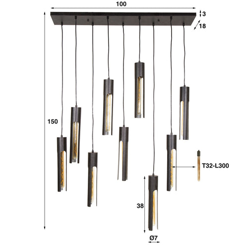 Giga Meubel Hanglamp Tube - Zwart Metaal - 9-Lichts - 100x18x150cm - vtwonen shop