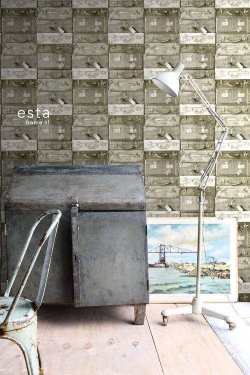 ESTAhome behang vintage koffers lichtbruin - 53 cm x 10.05 m - 138213