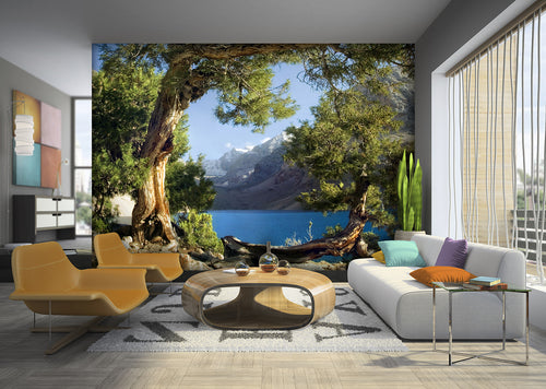 Sanders & Sanders fotobehang berglandschap blauw, groen en beige - 375 x 270 cm - 600483