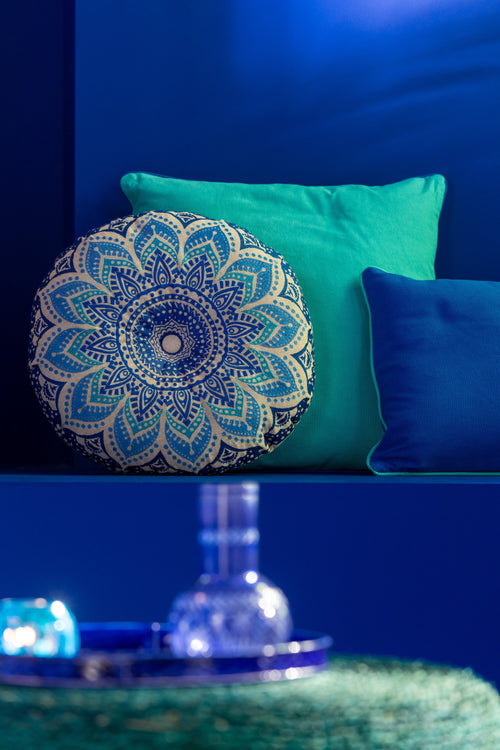 J-Line kussen Rond Bloem - katoen - turquoise/blauw - 2 stuks - vtwonen shop