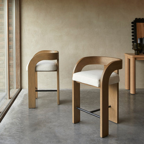 Tikamoon Barstoel in massief mindihout en ecru stof - Beige