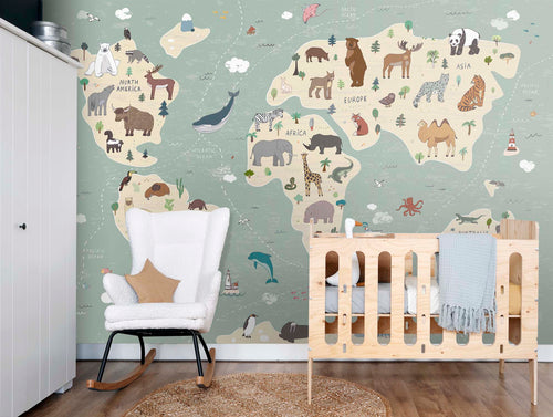 Sanders & Sanders fotobehang wereldkaart voor kinderen blauw 350 x 279 cm 950021