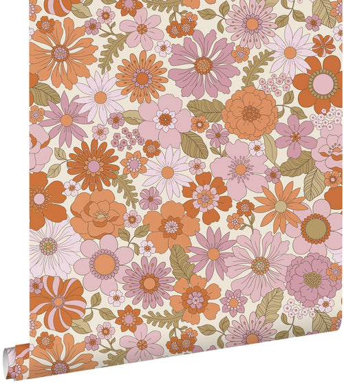ESTAhome behang retro bloemen paars en oranje - 53 cm x 10.05 m - 130961