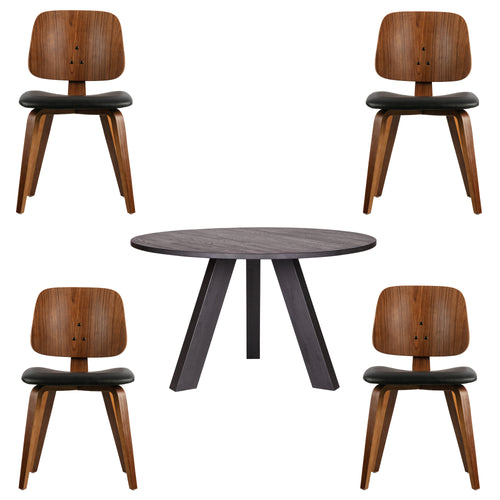 WOOOD eettafel Rhonda - Eiken - Blacknight & vtwonen eetkamerstoelen Classic - Hout - Zwart/Walnoot - 75x129x129/81x48x50 - vtwonen shop