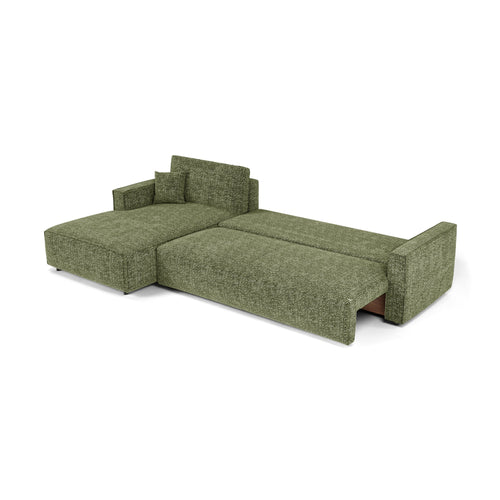 Premium Interiors - Linkshoekbank met slaapfunctie en opbergruimte  - stof met tweed-effect groen 197cm